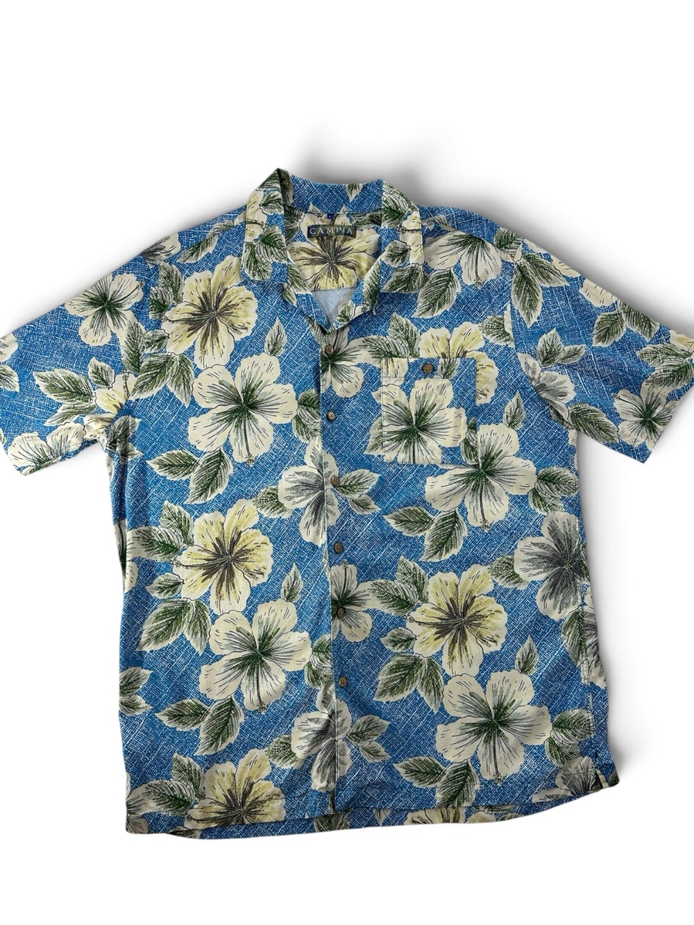Men’s Blue Floral Hawaiian Button-Down Shirt by Campia L
